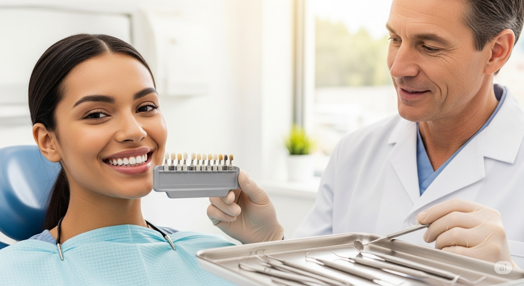 The dentist matching veneer shades to a patient’s natural teeth