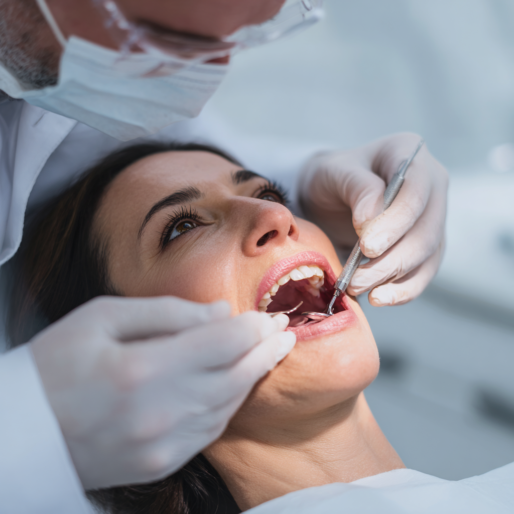 A dentist performing a comfortable cleaning on a patient at Sunset Plaza Dental