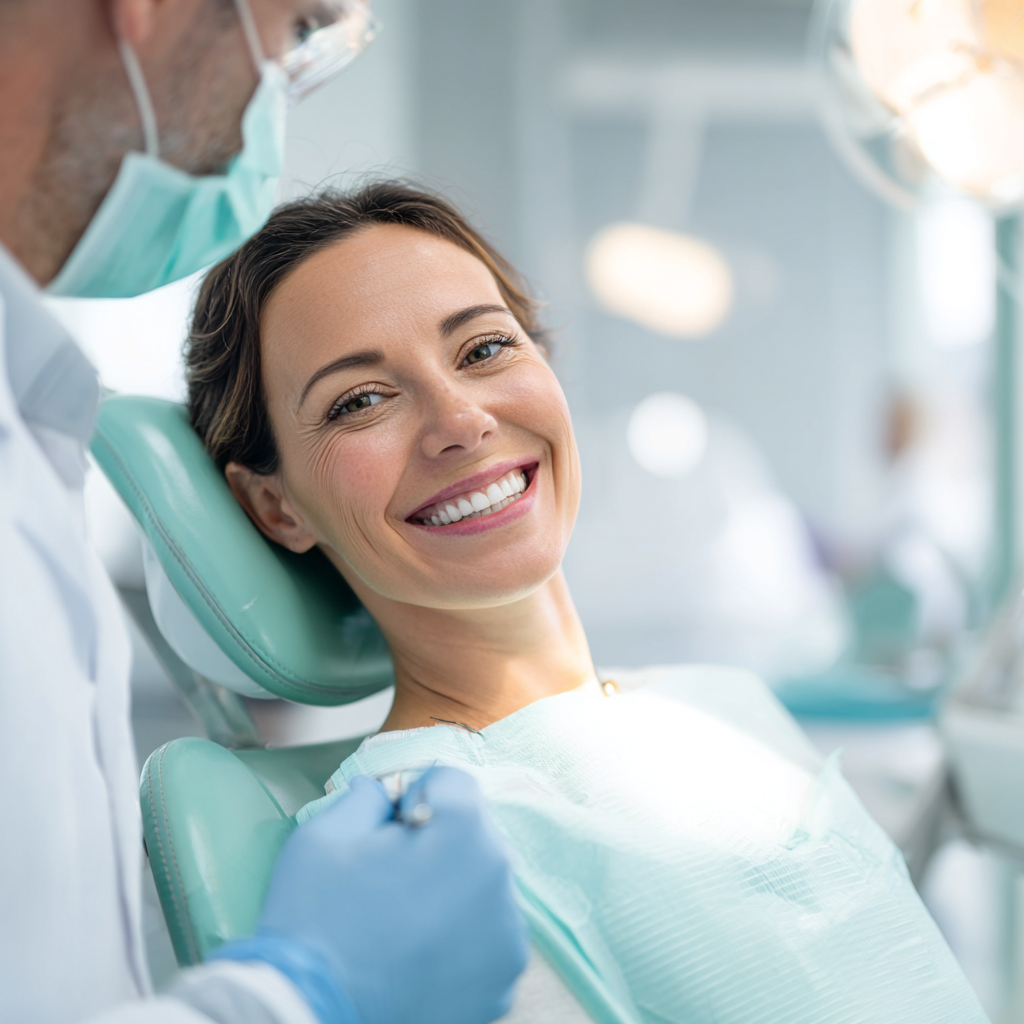 A patient smiling confidently in the dental chair after orthodontic care