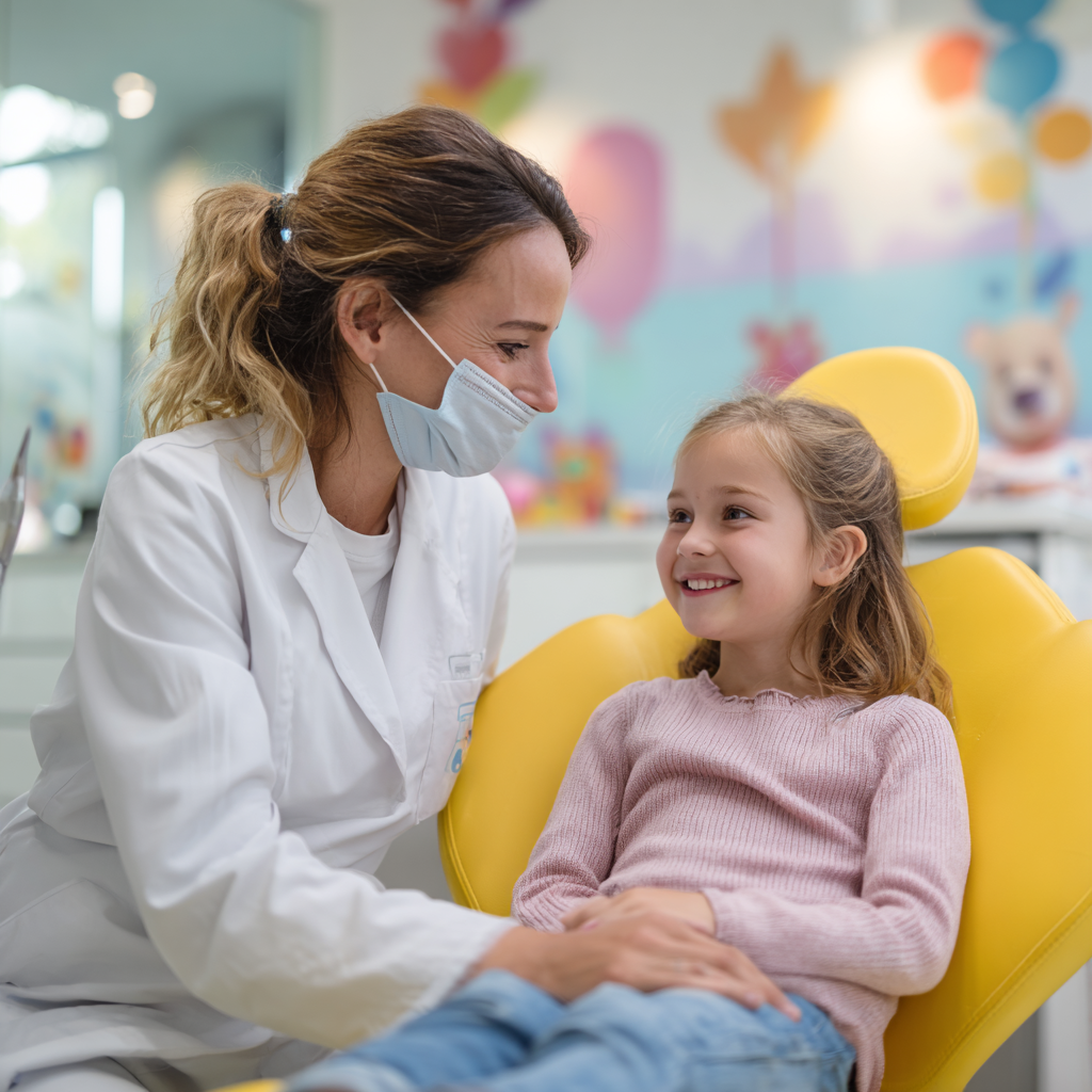 A friendly dentist chatting with a young patient in a bright operatory