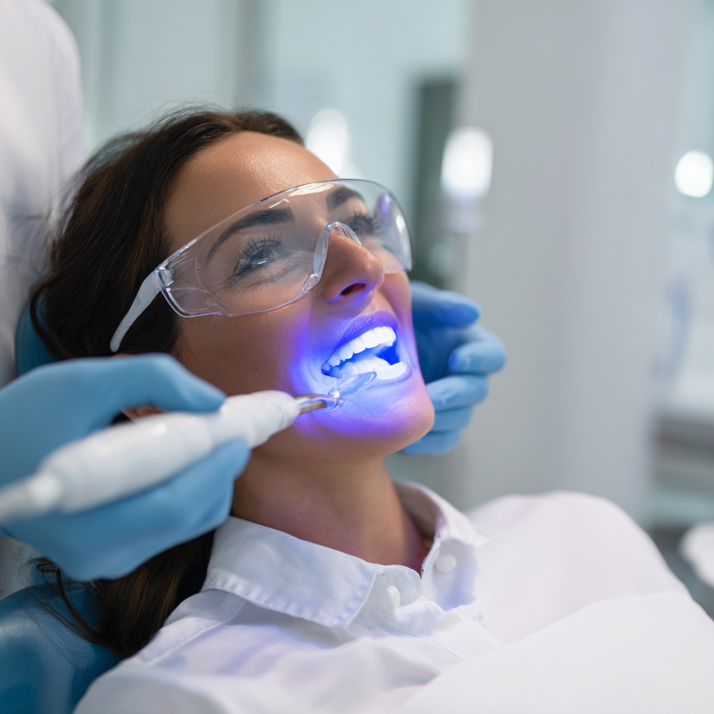A patient receiving in-office Zoom teeth whitening treatment