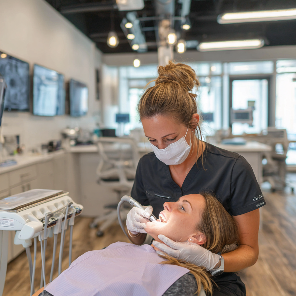 A hygienist performing a gentle dental cleaning in a modern operatory