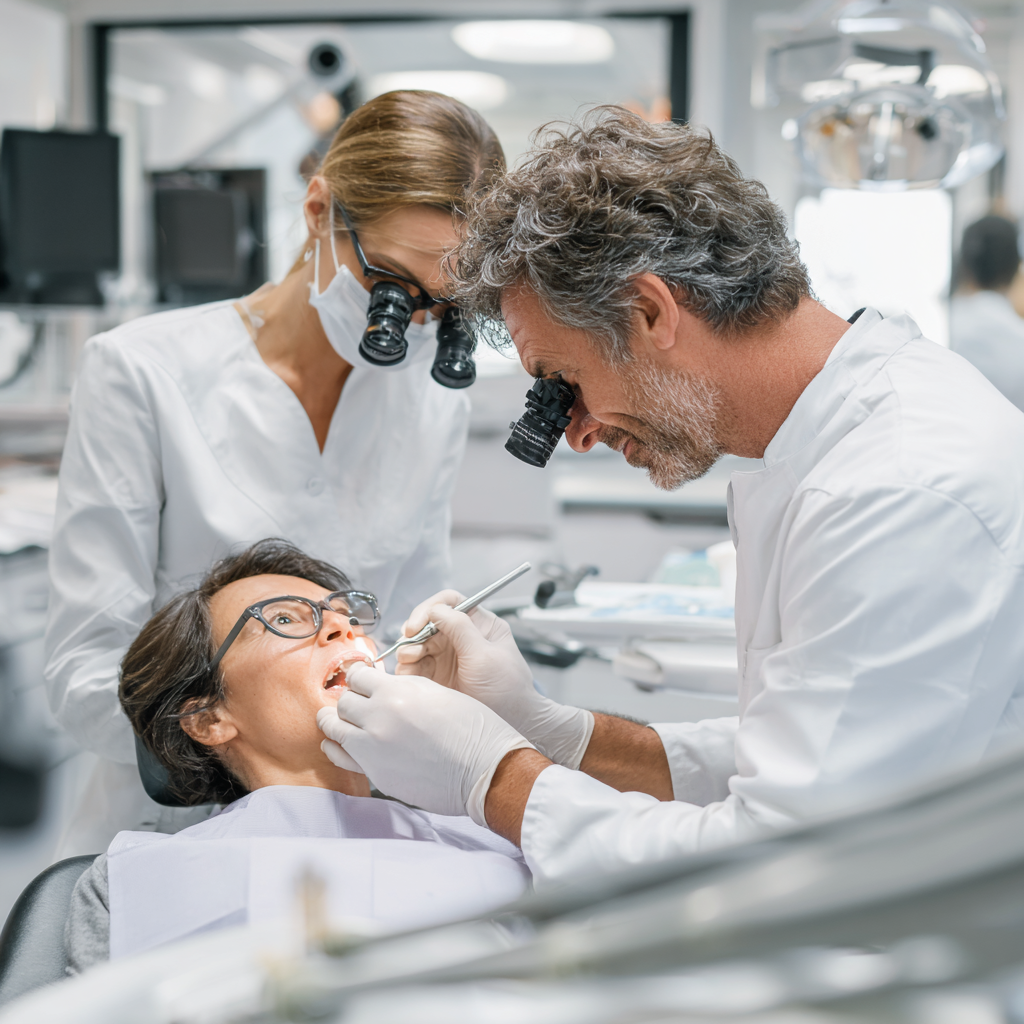 A dentist using surgical loupes to perform a precise root canal
