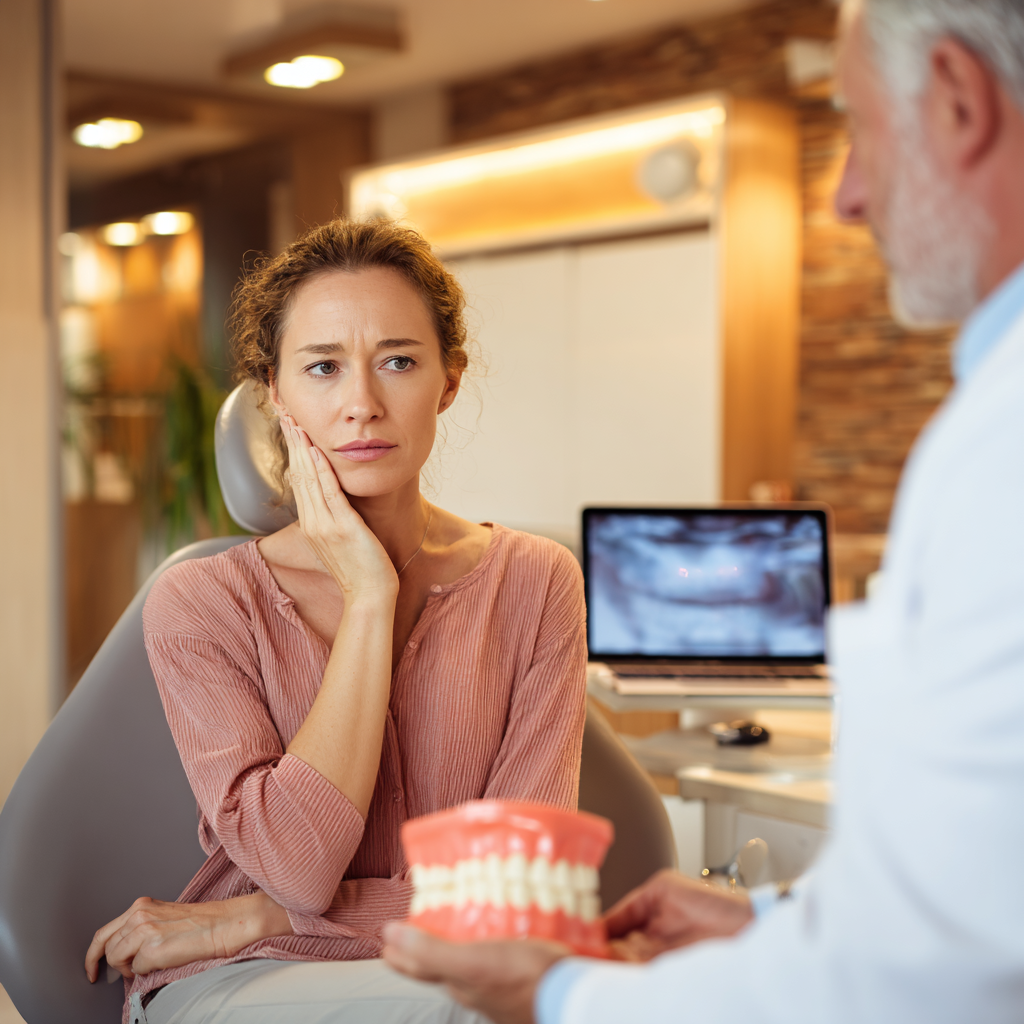 A patient discussing jaw pain symptoms with the dentist