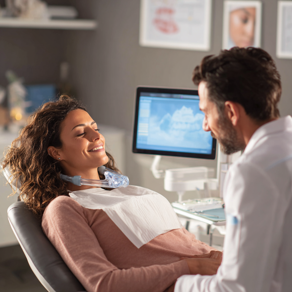 A relaxed patient speaking with the dentist during a sleep apnea consultation