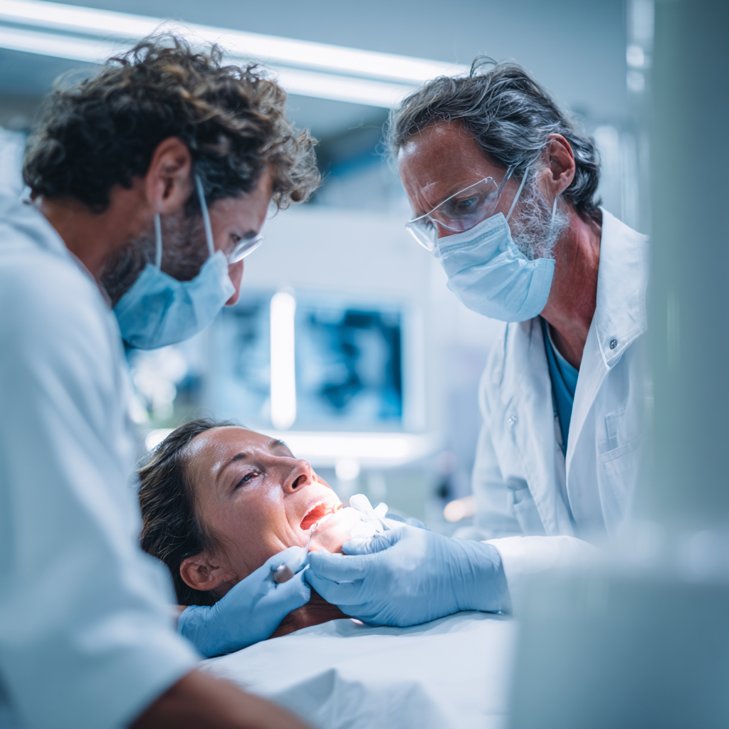 The clinical team focused on an urgent dental procedure